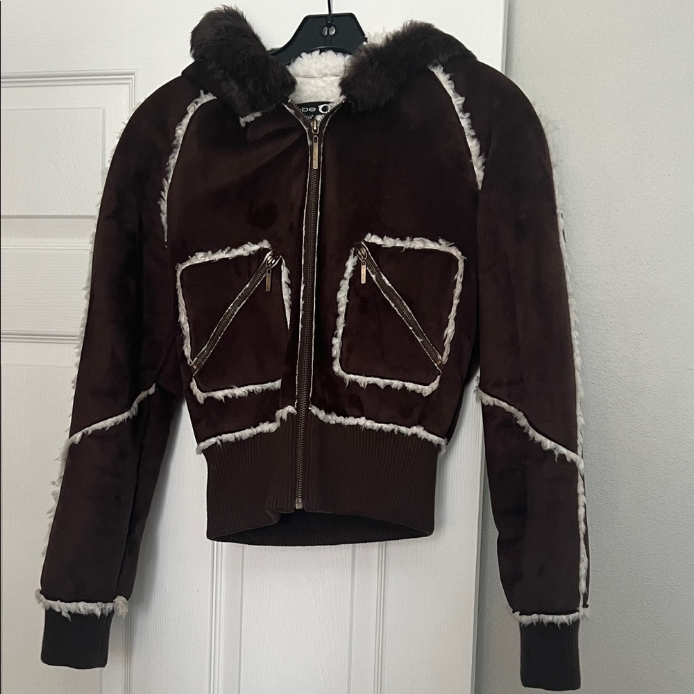 bebe Chocolate Faux Fur Trim Bomber Jacket